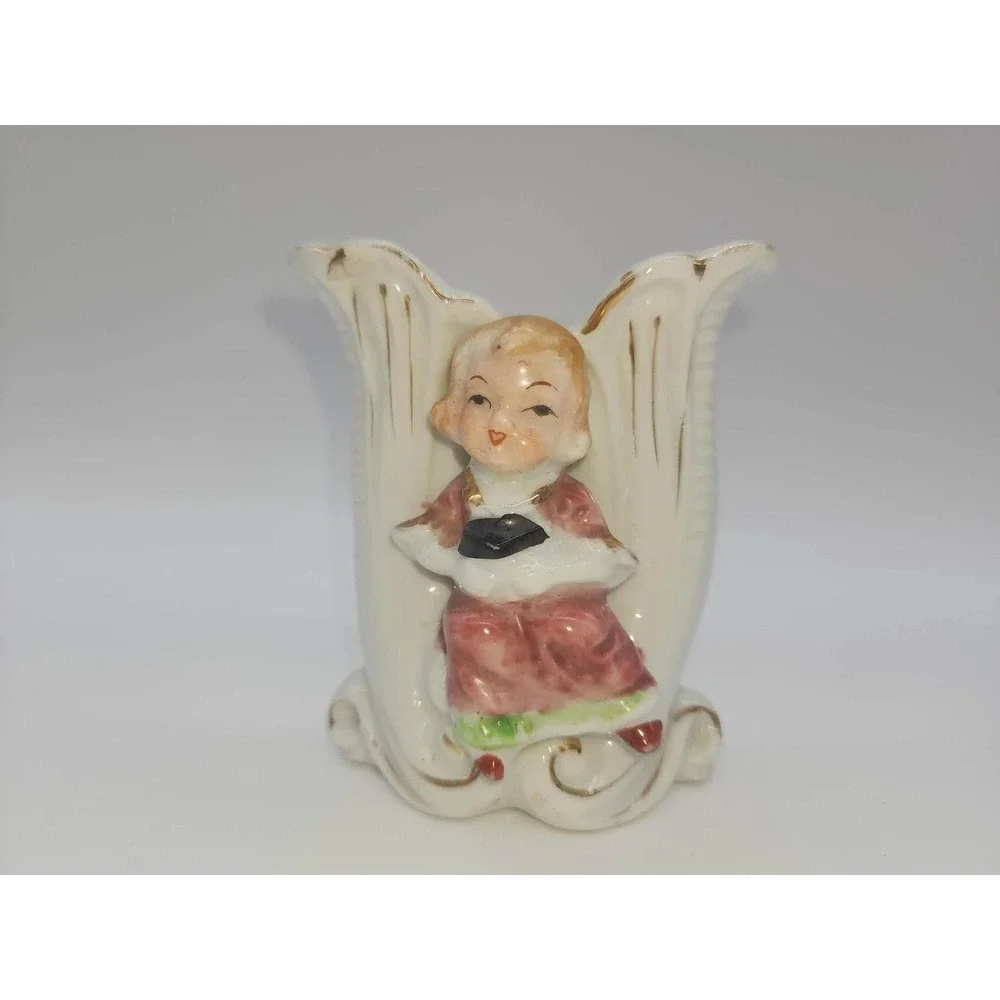 Vintage Japan Ceramic Bud Vase Girl in Red Dress Gold Trim Double Flute 3.5 Inch
